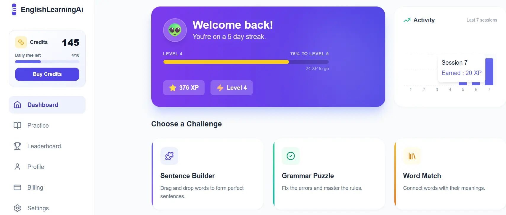 EnglishLearningAi.CoM dashboard with game mode cards, credits, streaks, and daily practice
